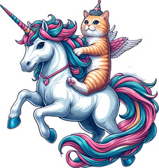 cute cartoon magic cat riding a unicorn in the clouds and rainbow