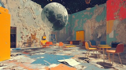 furniture playground fusion, a blend of school furniture and playground equipment in a surreal digital collage disrupts conventional concepts of space and purpose