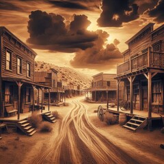 Classic wild west town with vintage buildings, deserted streets, and a warm sunset casting long shadows, creating a timeless scene reminiscent of historic American frontier settlements.