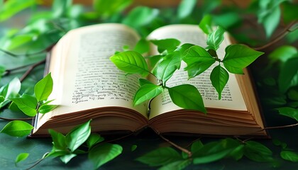 The quiet books and the vibrant green leaves complement each other, creating a quiet and scholarly environment.