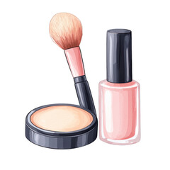 Illustration of a makeup brush and a bottle of nail polish, perfect for beauty and cosmetics-themed designs. watercolor style