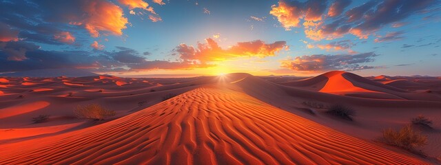 Dawn among the great dunes with the marks of the wind in a desert of sand