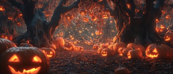 Wall Mural - Illuminated Jack-o'-Lanterns in a Dark Forest