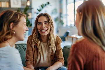 Cheerful young couple engaging with a female real estate agent in a modern office setting