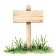 © BoOm - A rustic wooden signpost standing in vibrant green grass, perfect for marking locations or displaying messages. watercolor style