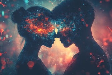 Poster - Neuronal process Cognitive genius Two people kissing with abstract brain and neural patterns symbolizing the deep connection of thoughts and emotions in an intimate relationship