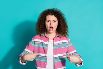 Wall Mural - Photo of pretty young woman point fingers herself wear shirt isolated on teal color background