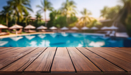 Wall Mural - Wooden table pool bokeh background, empty wood desk product display mockup with blurry tropical hotel resort abstract poolside summer travel backdrop advertising presentation. Mock up, copy space.