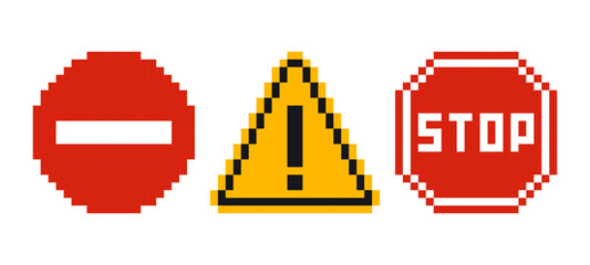 pixel art warning signs, 8 bit retro style. Danger sign attention pixel icons. Vector illustration