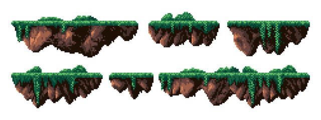 Wall Mural - pixel art platforms set for game levels, 8 bit retro design video game, floating islands, flying pla