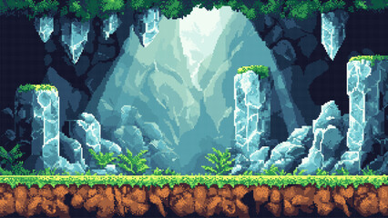 Wall Mural - pixel art retro game level, crystal cavern, 8 bit 2d video game background, underground cave and wit