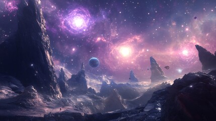 Wall Mural - A purple sky with white swirling clouds and a rocky mountain range, with a planet in the background.
