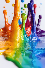 Wall Mural - Close-up of macro multicolored rainbow splashes and drips of thick paint in motion on white background with copy space