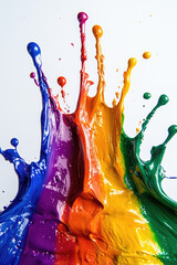 Wall Mural - Close-up of macro multicolored rainbow splashes and drips of thick paint in motion on white background with copy space