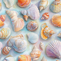 Watercolor seashells on the sand - seamless background pattern