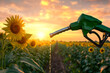 © Prasanth - Green fuel nozzle pouring biofuel or gasoline over sunflower and corn field at sunset