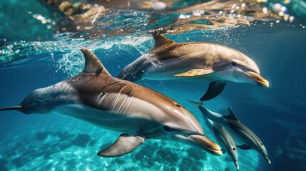 Dolphins swimming gracefully underwater, their sleek bodies gliding through the clear blue ocean. The sunlight filtering through the water enhances the beauty of this aquatic scene.