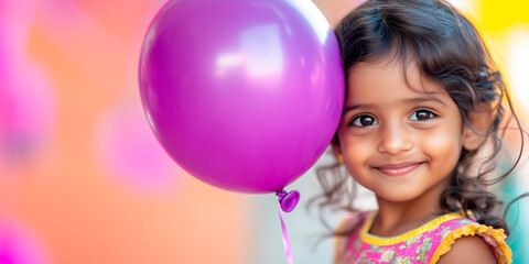 Wall Mural - Smiling girl holding a purple balloon in a colorful environment.