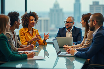 Diverse group of professionals discussing in modern office