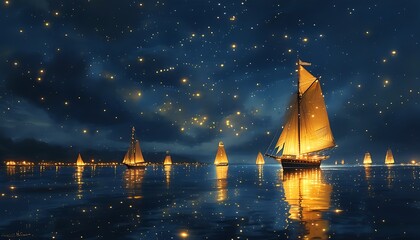 Wall Mural - A ship sailing on the quiet water at night, its hull glows with golden light reflected by the stars, surrounded by dark sky and water, creating a mysterious and beautiful atmosphere.