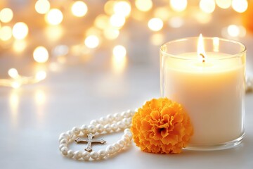 Wall Mural - Lit Candle with Marigold and Rosary for Day of the Dead Altar