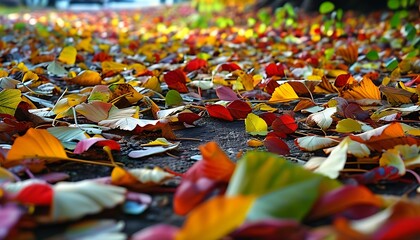 Wall Mural - Colorful leaves cover the ground, forming a natural colorful landscape, which makes people feel the atmosphere of autumn and creates a warm atmosphere.