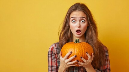 Woman holding halloween pumpkin surprised look isolated over yellow background