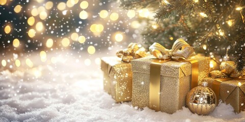 Golden Christmas gifts with glittery bows under a decorated tree, surrounded by soft lights and ornaments on a snow-dusted surface, glowing with a warm holiday ambiance.