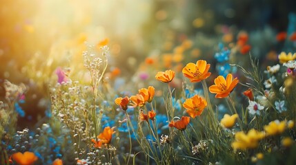 Wildflowers blooming on a sunny spring day, capturing the vibrant colors and fresh energy of the season.