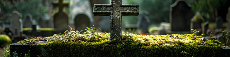 Wall Mural - Low angle perspective of a moss-covered concrete cross in an old cemetery