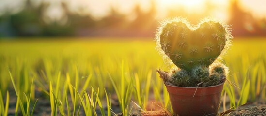 Poster - Heart Form Of Cactus Plant In Pot On Rice Field Background With Sunlight