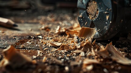 A close-up of a pencil sharpener and shavings.