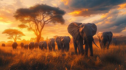 Wall Mural - African Elephant Herd at Sunset