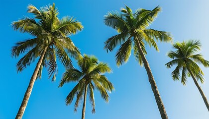 The picture of three towering palm trees under the blue sky creates the atmosphere of a tropical vacation. The sun shines on the shadows of the trees, as if calling on people to relax.