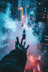 Wall Mural - A hand holding a bottle of vape in a city with smoke and lights