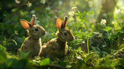 Poster - Two Cute Rabbits in a Lush Green Forest