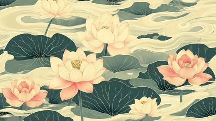 Canvas Print - Watercolor Illustration of Pink and White Lotus Flowers in a Pond