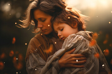 Wall Mural - Mother wrapping the child in her arms with unconditional love, honoring this Mother's Day with affection.