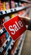 © Naret - A hand grabbing a bright red 'Sale' sign from a display shelf in a clean and colorful store background.