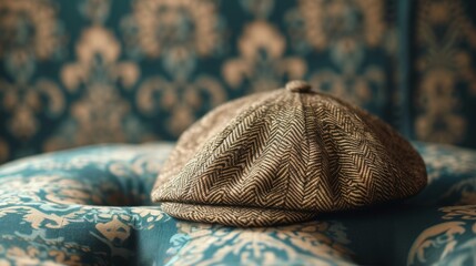 Close-up of a vintage tweed flat cap with a classic herringbone pattern resting on a plush, ornate blue cushion. The warm tones and intricate details evoke a sense of timeless style and sophistication