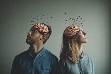 Canvas Print - Brainpower sharpening Man and woman with brains exposed highlighting the shared thought process and intellectual connection in collaborative efforts