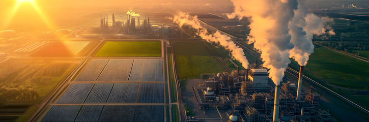 Wall Mural - Conceptual arial view of clean energy production using a solar farm verses a polluting refinery with smoke stacks