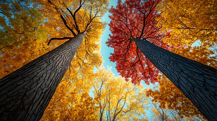 Wall Mural - upward view of two tall trees with leaves in the vibrant colors of autumn, AI generated