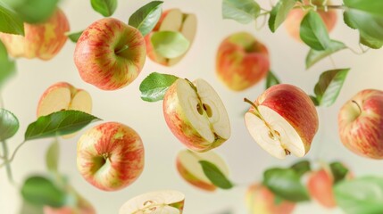 Ripe apple slices hover in the air, surrounded by fresh green leaves. The scene captures the essence of freshness and nature, evoking a sense of lightness