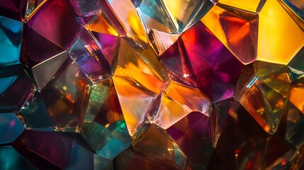 Abstract macro close up of a textured, colorful glass object with geometric shapes in purple, orange and teal with a blurred background.