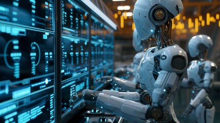 A group of humanoid robots operates advanced control panels in a futuristic environment. The scene showcases cutting-edge technology and AI, highlighting the future of robotics and automation in high