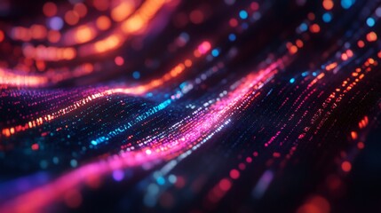 Abstract wavy pattern with glowing dots and bokeh lights in red, pink, and blue hues.