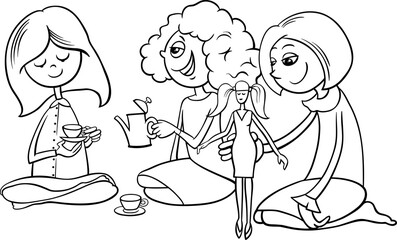 Wall Mural - cute cartoon girls with toys playing house coloring page