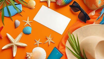 The brightly colored beach atmosphere, colorful beach accessories and a blank card placed on the orange tablecloth are suitable for writing holiday blessings.