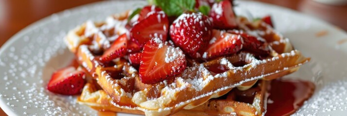 Canvas Print - Homemade waffles garnished with fresh strawberries